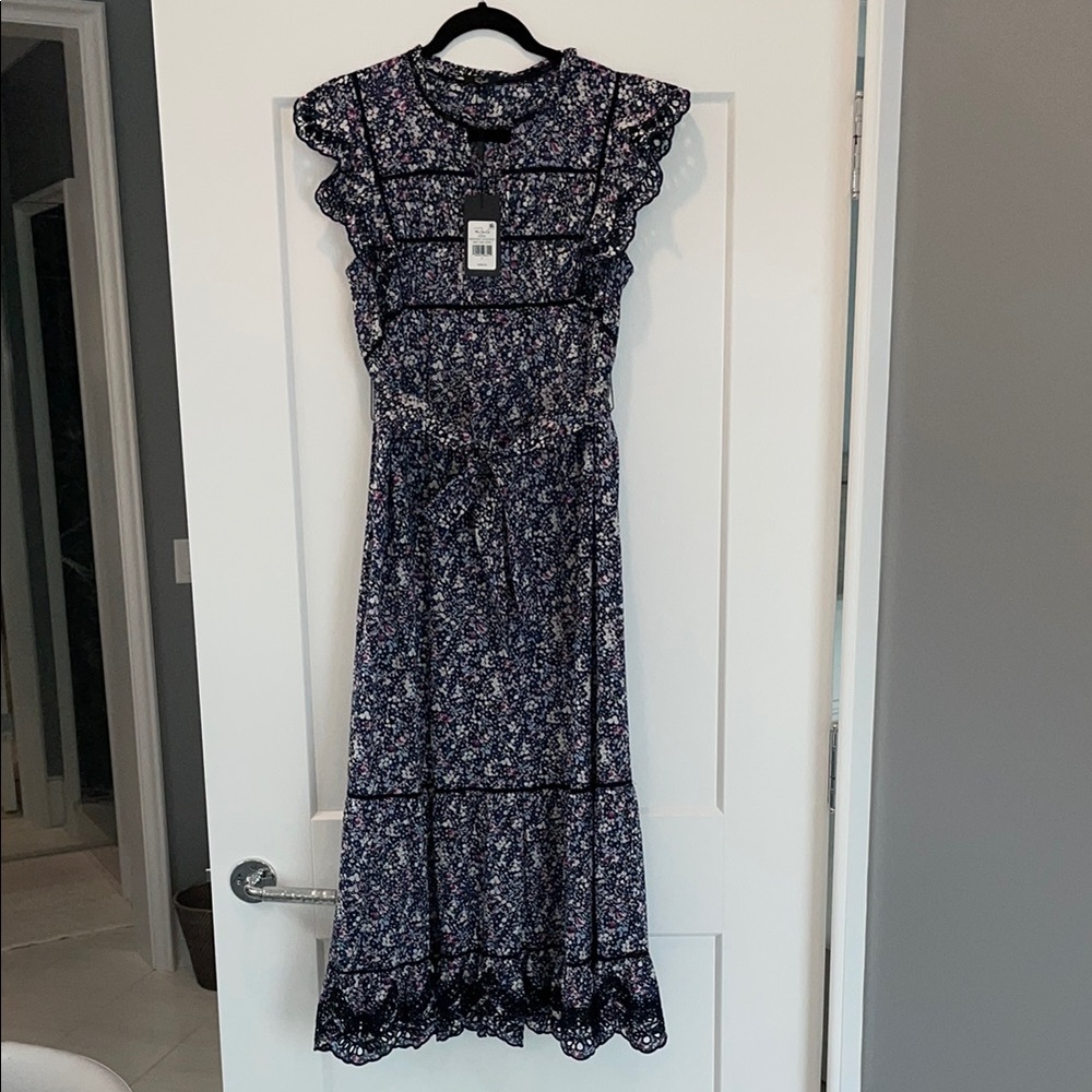 Floral Ruffle Sleeve Dress - Black and Blue